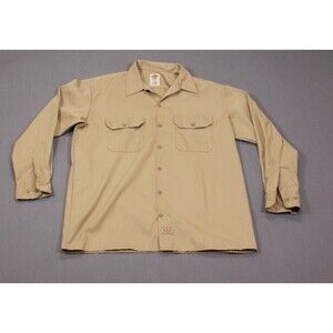 Dickies Flex Button Up Shirt Mens Khaki Tan Long Sleeve Work Pockets Casual Sz L